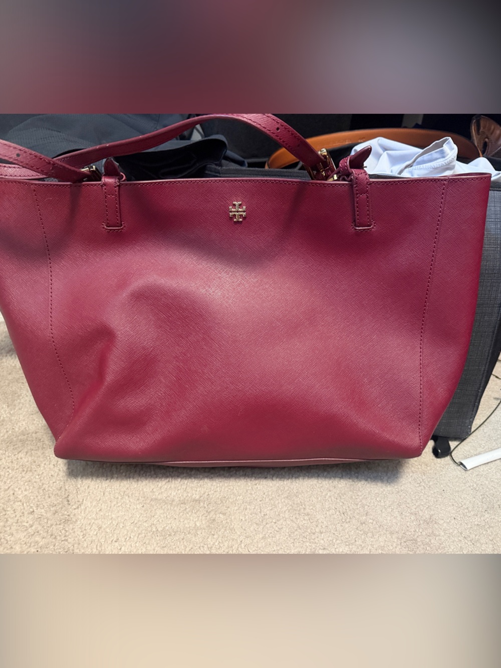 Tory Burch Wine Red Leather Tote with Gold Logo